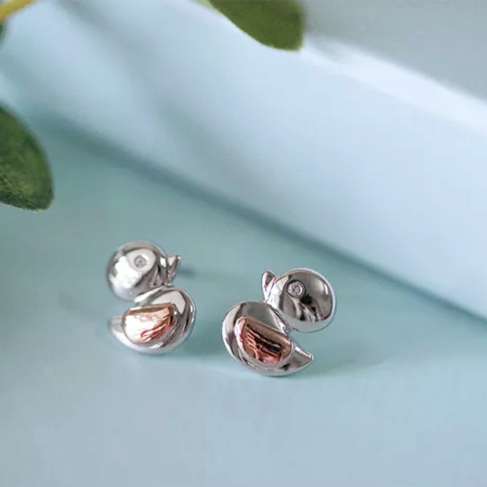Cute Silver Duck Earrings With Rose Gold Wing And Swarovski Crystal - Picture 7 of 10